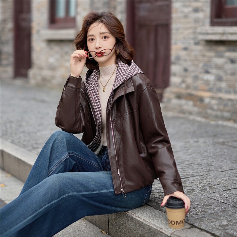 主推皮衣外套女连帽格子拼接上衣2025冬季新款加厚毛皮夹克机车服,女装皮衣,潮流依族