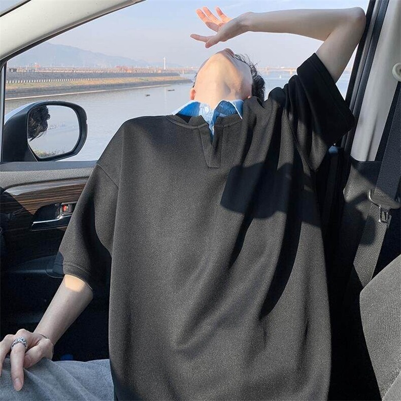 特批P30无差价夏季高街假两件条纹翻领大码短袖T恤上衣男T5134,男装T恤,电商A001-1
