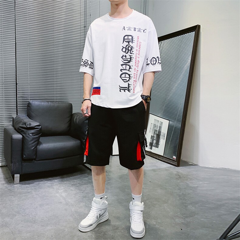 新款夏季潮流时尚T恤男装青少年宽松ins休闲圆领套装F178P70,男装休闲套装,电商A086