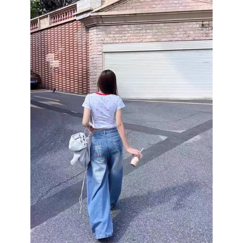 美式水洗设计感星星刺绣牛仔裤男女潮牌宽松bf慵懒风拖地弯刀裤潮,男装牛仔裤,星座506A