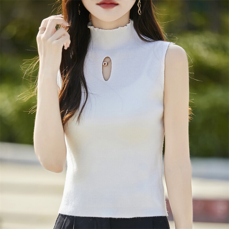 气质花边半高领无袖针织保暖背心女2024秋冬新款洋气显瘦打底内搭，女装背心吊带，暖姿羊绒