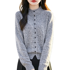 秋冬卷边半高领精纺羊毛开衫女花纱针织毛衣外套宽松休闲百搭上衣，女装针织衫/毛衣，暖烁羊绒