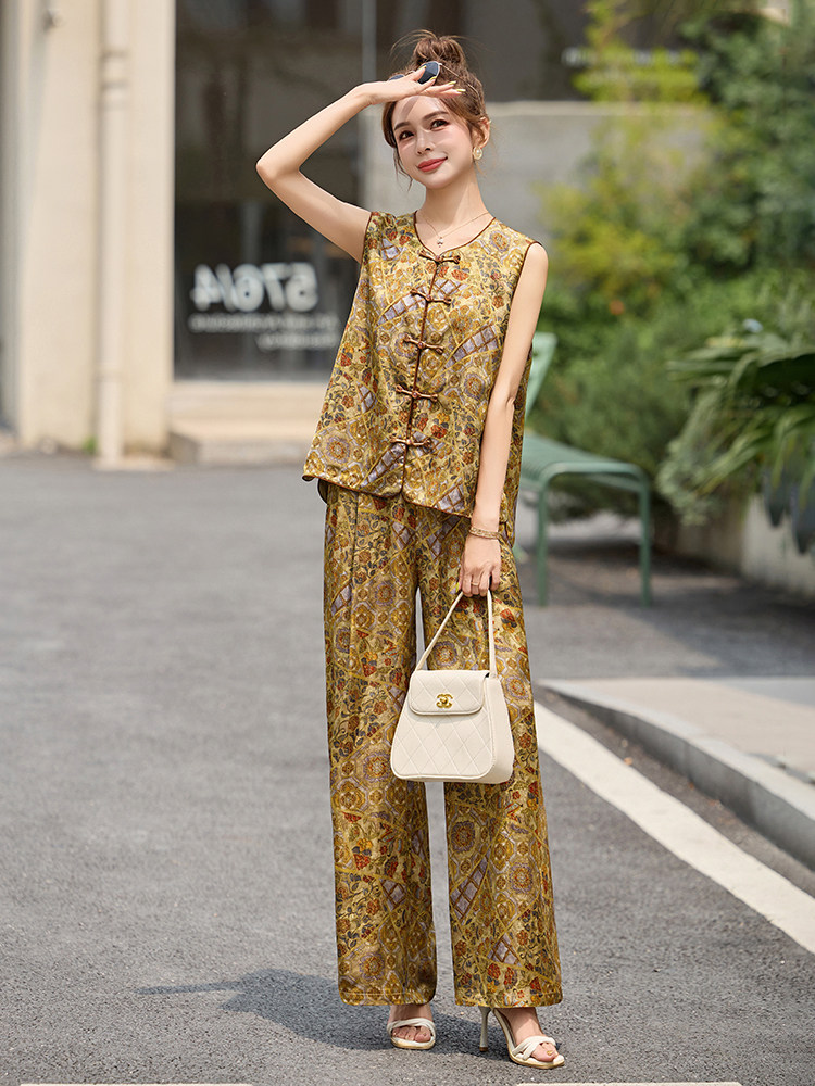 新中式国风洋气套装女2025夏季复古气质盘扣马甲T恤阔腿裤三件套,女装套装/套裙,布芭啦