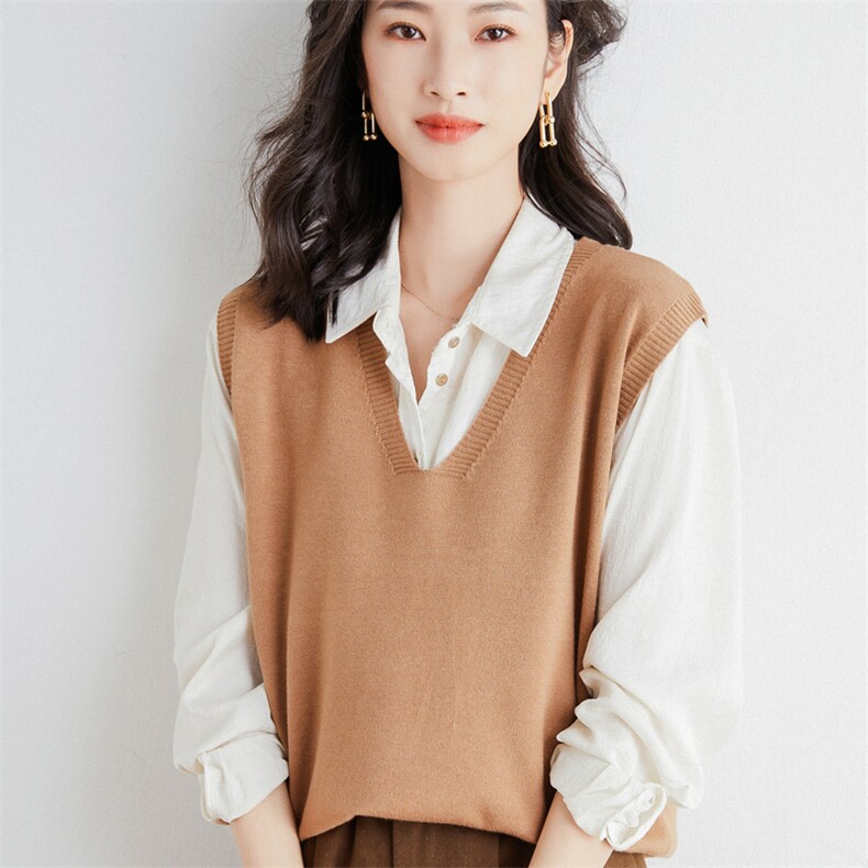 秋冬季新款纯色V领毛衣女宽松显瘦百搭针织马甲,女装马甲,贵皇网供仓