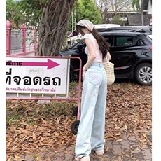 浅蓝色做旧蝴蝶结刺绣牛仔裤女夏季美式高腰直筒设计感宽松阔腿裤，男装牛仔裤，星座506A