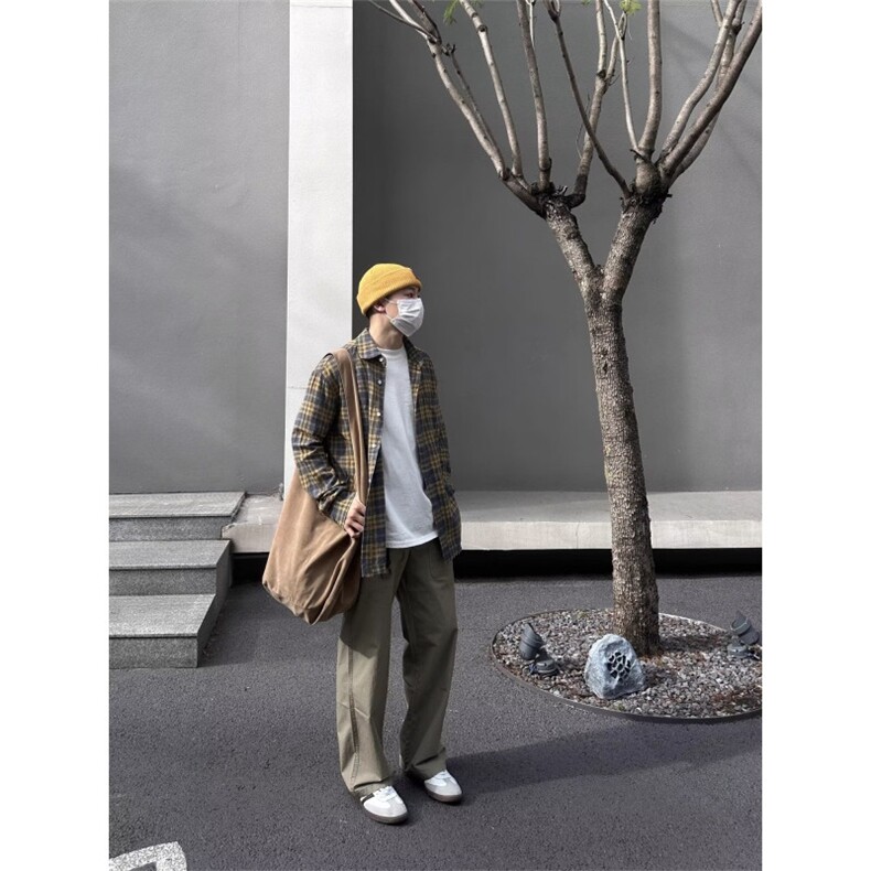 W11106-P38网图现货美式撞色复古格子衬衫宽松街头口袋翻领上衣,男装衬衫,星座1608