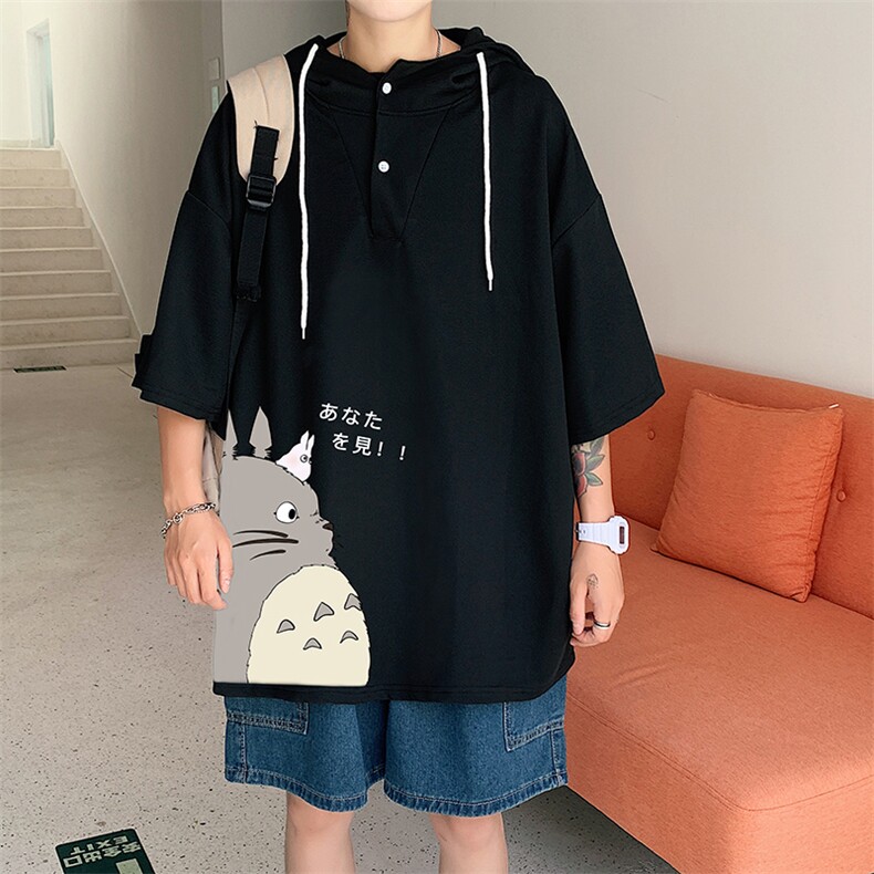LD54150-P45 连帽短袖t恤男大码胖子带帽五分袖中袖图片