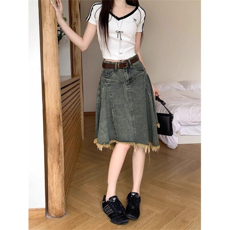 Q020-P58复古做旧不规则流苏牛仔半身裙夏季新款高腰显瘦A字裙，女装半身裙，星座911