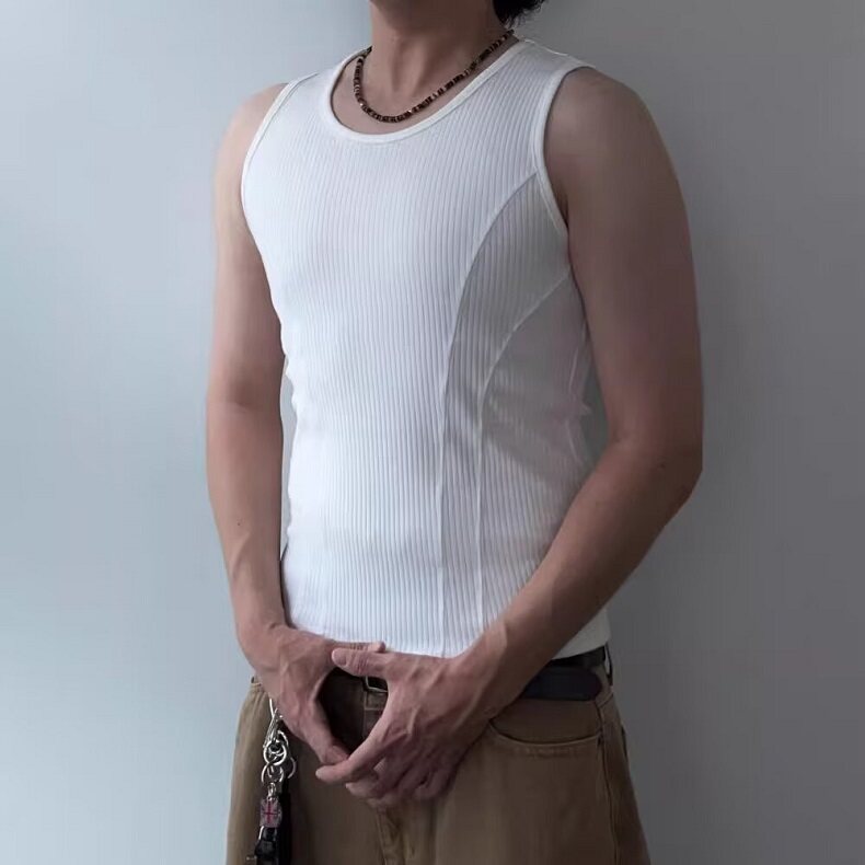 竖条纹拼接无袖汗背心男士夏季休闲个性修身坎肩T恤T186,男装背心/马甲,星座1116A-2（原606A-1）