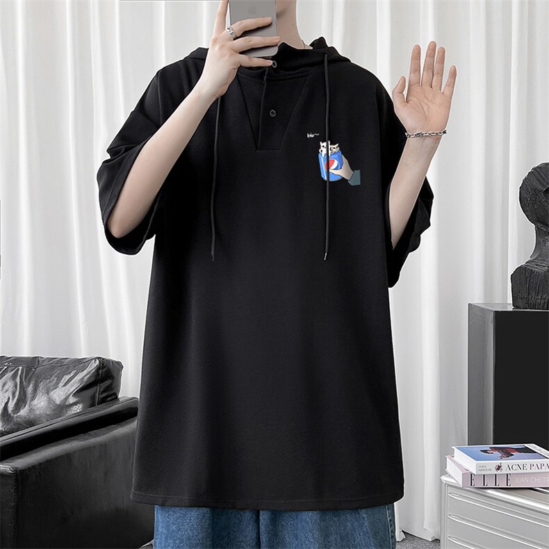 LD54262-P45连帽短袖t恤男大码胖子带帽五分袖中袖,男装T恤,电商A040