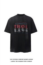 （重磅350克双纱）洗水做旧宽松圆领情侣短袖T恤1015-T611-P65，男装T恤，四季星座1015