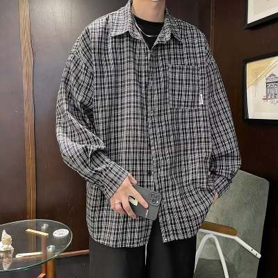 CS368-新款复古日系宽松衬杉春季新款潮牌百搭格子衫,男装衬衫,星座1002-2