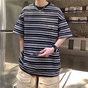 1港风条纹短袖T恤男大码立体口袋设计短袖T恤男DT8768P40控59图片