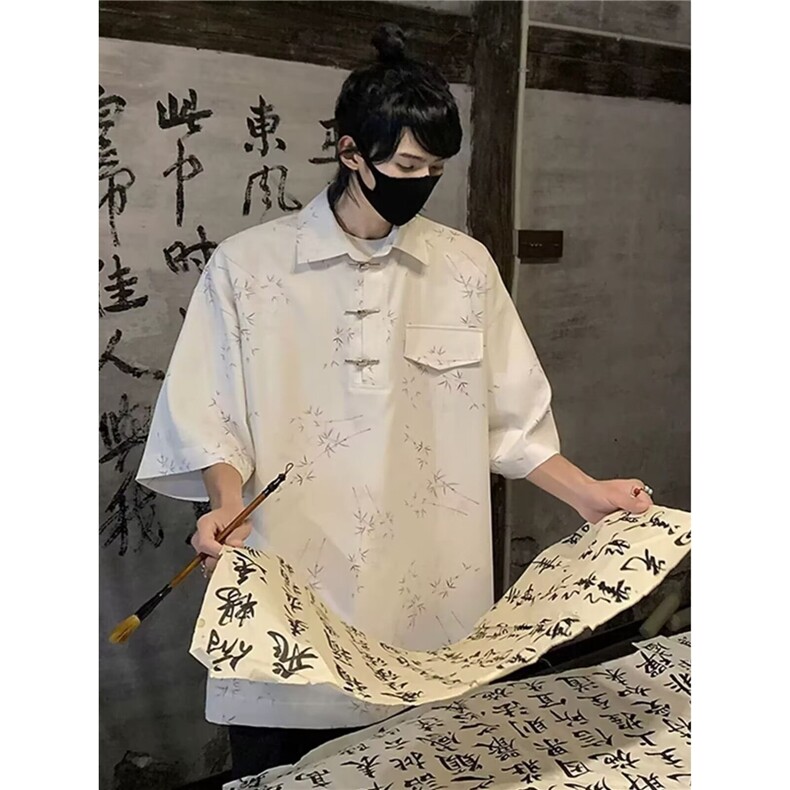 设计感衬衣男士夏季宽松新中式短袖衬衫潮流休闲半袖HA210-P37,男装T恤,星座208-5
