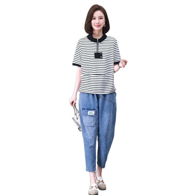 夏季T恤套装女2024年新款中年妈妈宽松时尚短袖休闲牛仔裤两件套,女装套装/套裙,叶笙衣