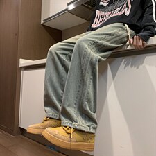 压边水洗牛仔裤男宽松直筒高街男款长裤1001-1-NK6075-P42，男装牛仔裤，星座1001-1