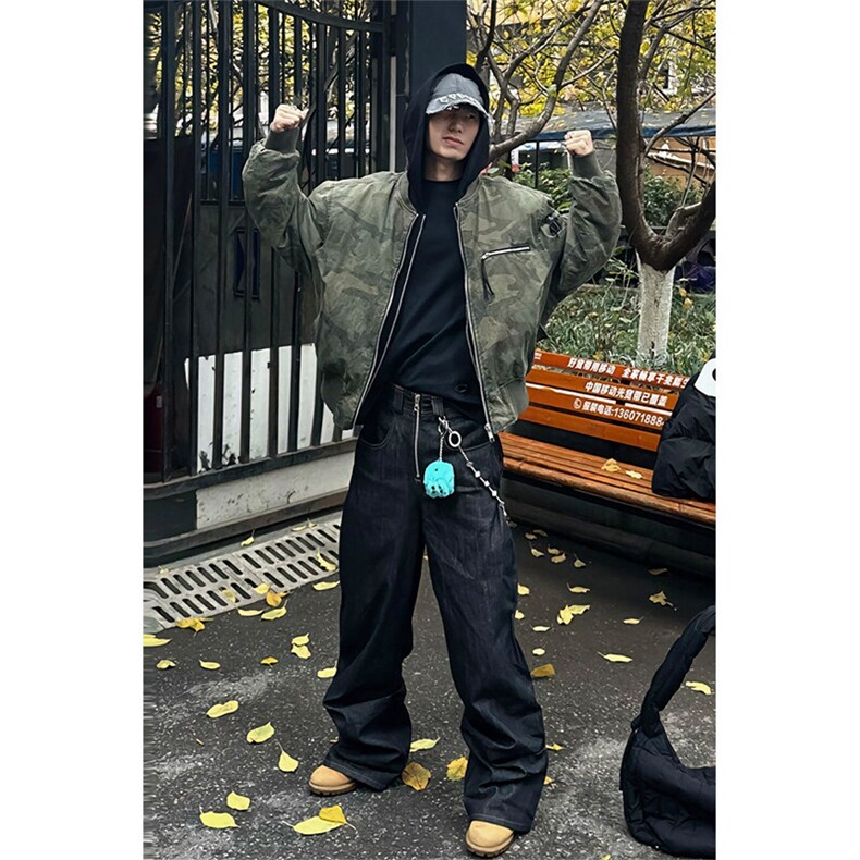 迷彩假两件连帽棉服男冬季美式高街飞行员棉衣外套潮牌短款棒球服图片