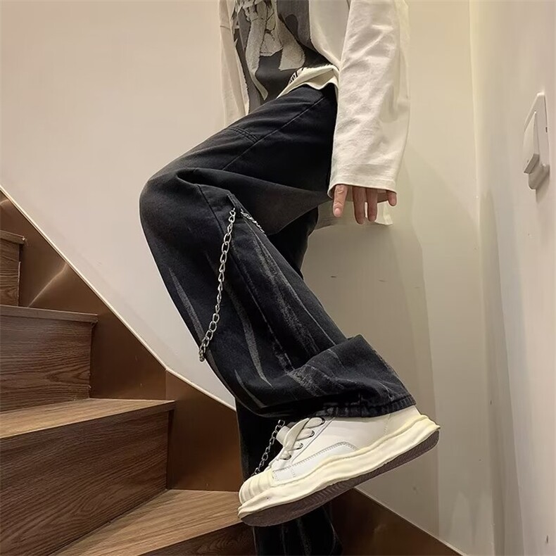欧美hiphop裤子设计感高级感渐变扎染牛仔裤美式高街男挂链阔腿裤,男装牛仔裤,星座1210-1