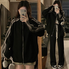 A364-P95校园麂皮绒条纹立领运动休闲外套男女宽松潮牌情侣夹克，男装夹克，星座911