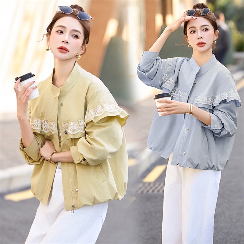 独特超好看蕾丝拼接立领外套女2025春秋新款宽松减龄短款夹克上衣,女装短外套,悦祺