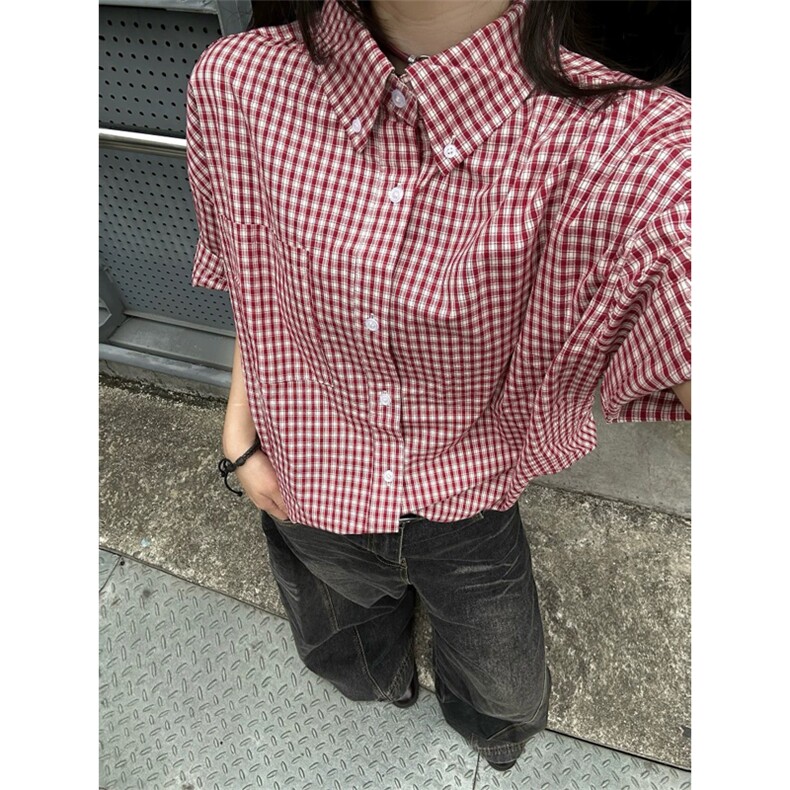网图有货美式休闲格纹短袖衬衫男宽松百搭棉感格子衬衣A689-P35,男装衬衫,星座1505