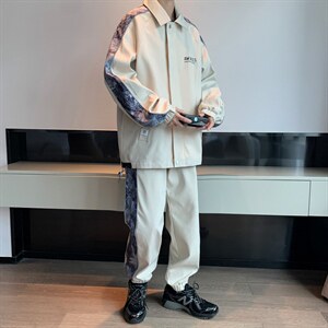 秋季新款大码港风休闲学生拼花翻领夹克束脚裤套装男TZD08P90图片