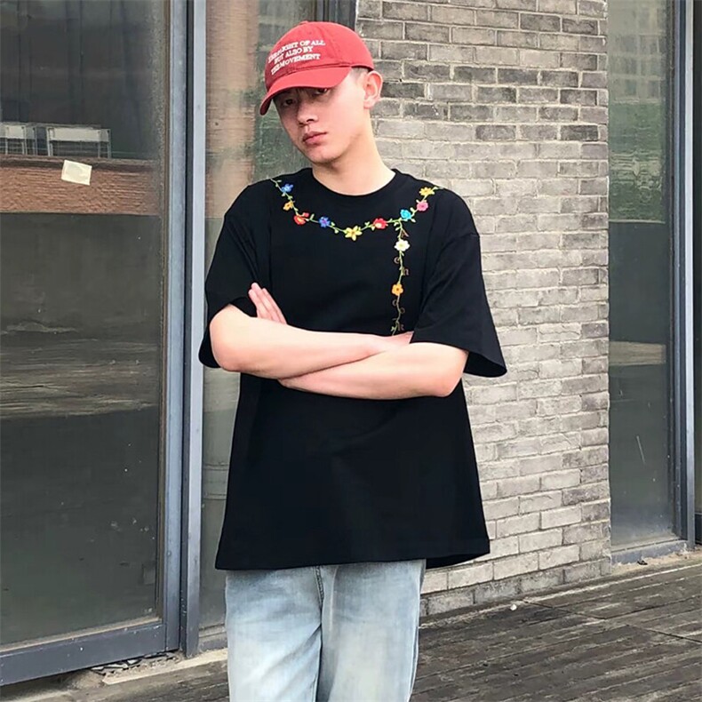万针全刺绣工艺抖音得物高品质260克重磅纯棉双纱美式高街短袖T恤,男装T恤,电商A486