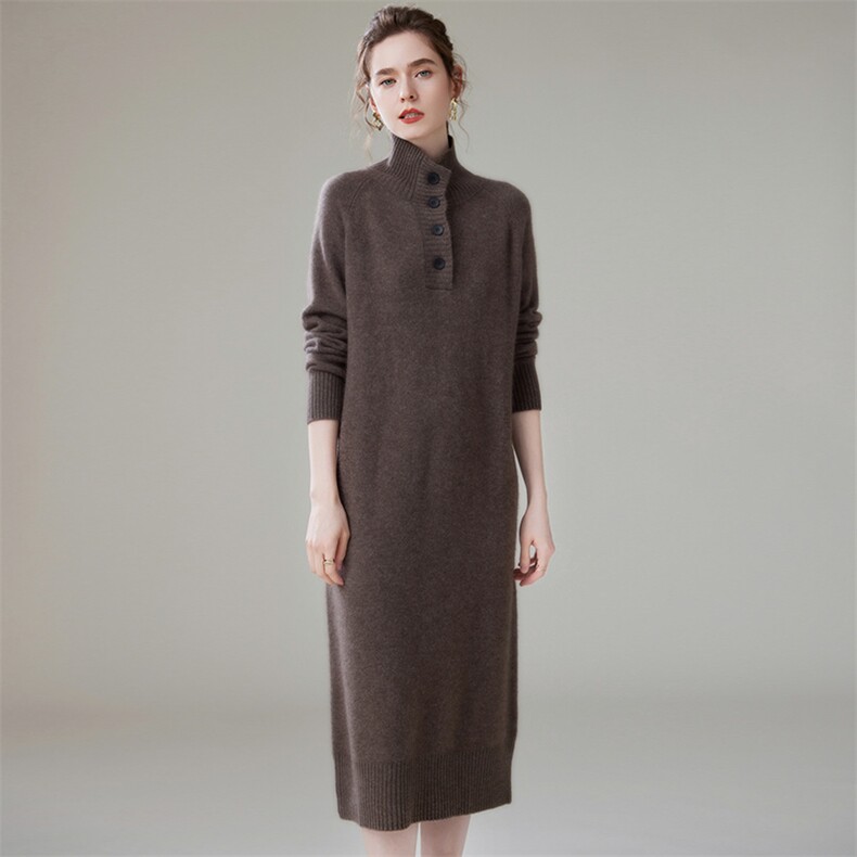 2025年秋季新款过膝系扣针织长裙时尚休闲通勤百搭，女装连衣裙，珍丝贝尔