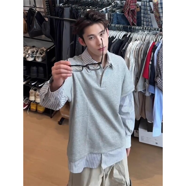 假两件POLO衫条纹拼接长袖T恤卫衣WY8197特P50,男装Polo衫,星座908-1