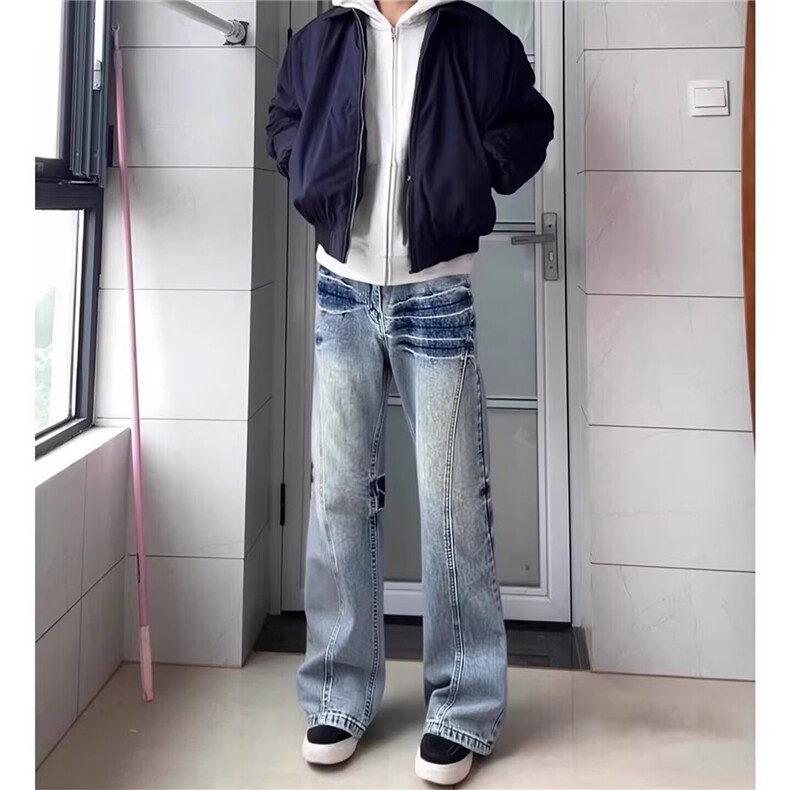 春秋水洗渐变色复古牛仔裤男女网红潮牌高街美式潮流修身小脚长裤,男装牛仔裤,星座302B