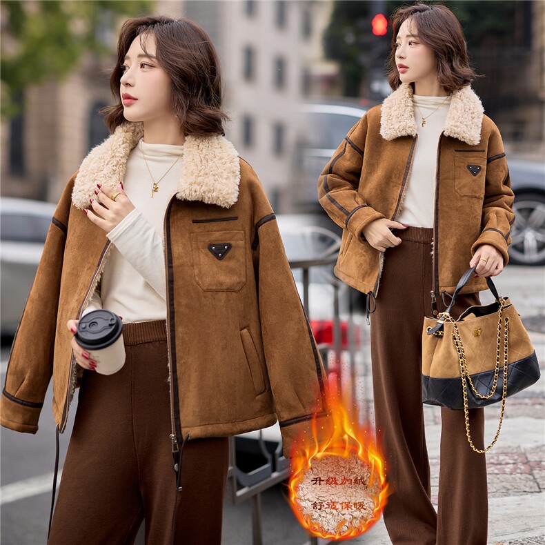 9109时尚麂皮绒皮毛一体外套，女装羊羔毛/颗粒绒，依路服饰