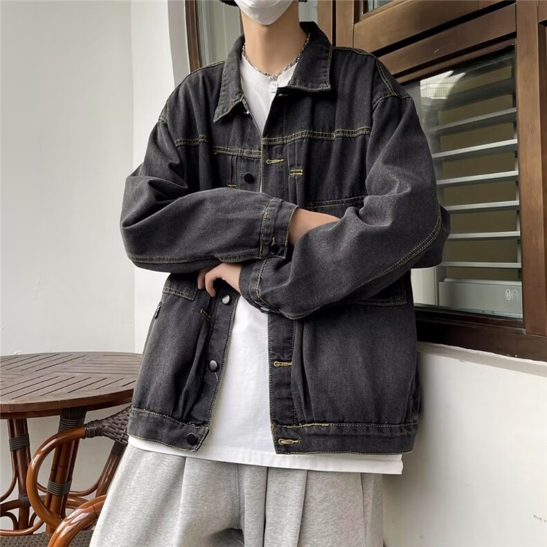 潮牌工装夹克男士春秋宽松显瘦大口袋无领刺绣休闲外套,男装夹克,星座716-4