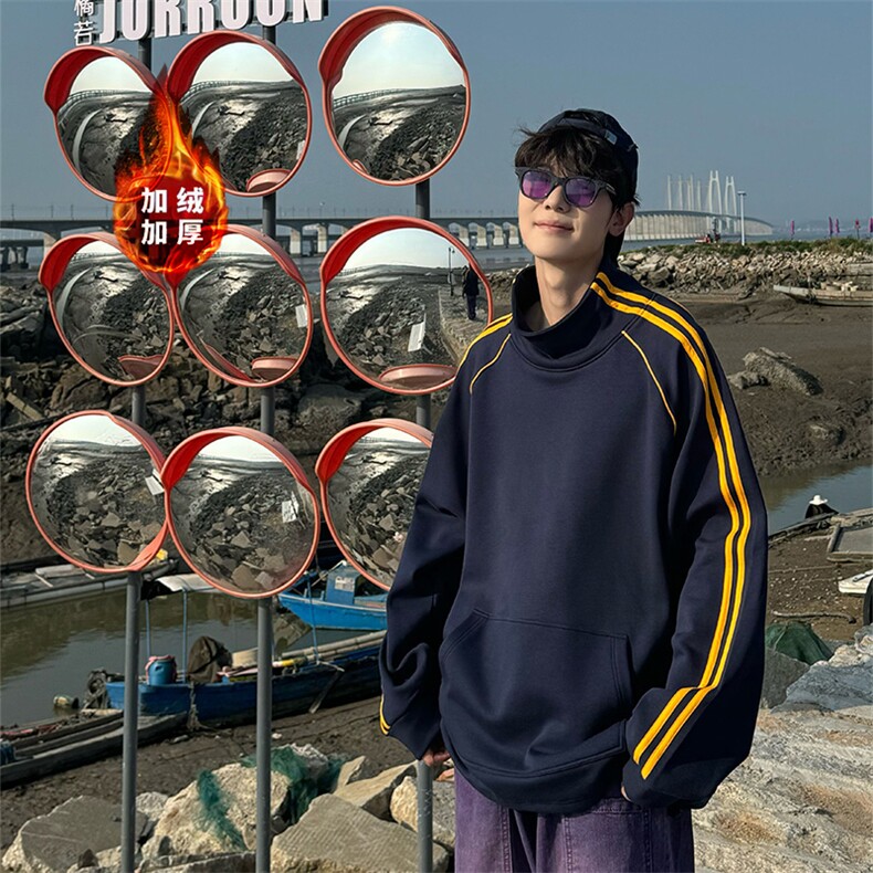 W8901加绒-P68秋冬大码纯棉男女同款两条杠加绒加厚立领卫衣,男装卫衣,星座109