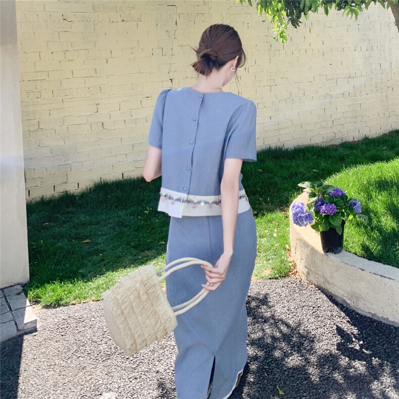 超火甜美蓝色刺绣半身裙套装女夏俏皮活泼两件套时尚洋气减龄显瘦,女装套装/套裙,素月
