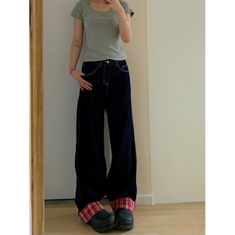 【网图有货】美式格子拼接卷边牛仔裤男女阔腿裤子NZ011CC-特P65,男装牛仔裤,星座1007（原301D）