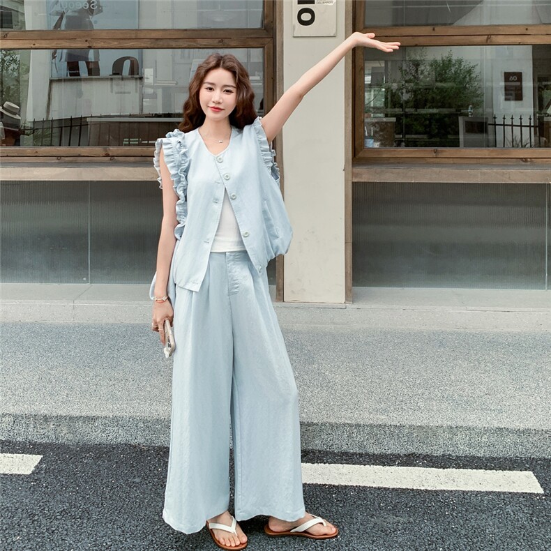 浅蓝色小飞袖马甲阔腿裤套装女2025夏季新款甜美减龄巨好看两件套,女装套装/套裙,2C203