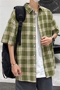 21年夏季短袖衬衫男宽松落肩港风格子衬衫男DS-C407-CS309-P35图片