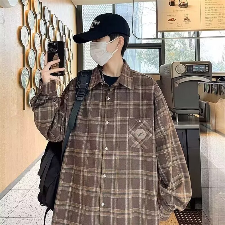 TN0711-P32日系cityboy复古格子衬衫男宽松长袖学生百搭休闲衬衣,男装衬衫,电商C233
