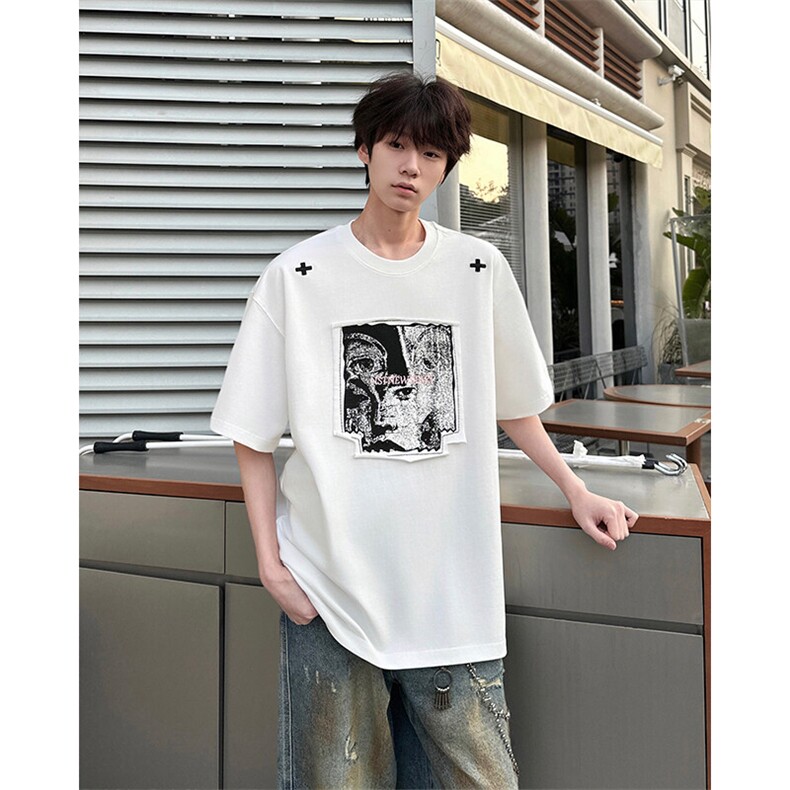 8XL-M美式街头风白色贴布男女情侣上衣短袖T恤半截袖DX330P48,男装T恤,电商D206-1