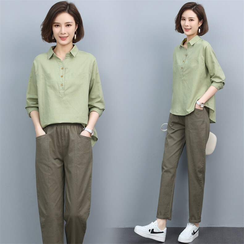 棉麻套装女2023春秋新款大码休闲中年妈妈洋气减龄纯棉衬衫两件套，女装套装/套裙，涵誉