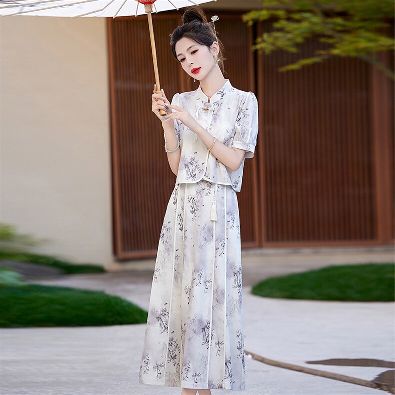 新中式国风旗袍套装裙女2025夏季新款广州十三行碎花连衣裙两件套,女装套装/套裙,奕薇雅