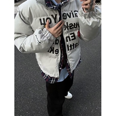 亿万少年BUFU潮牌美式假两件格子棉服外套男女冬季情侣徽章棉衣，男装棉衣，四季星座505
