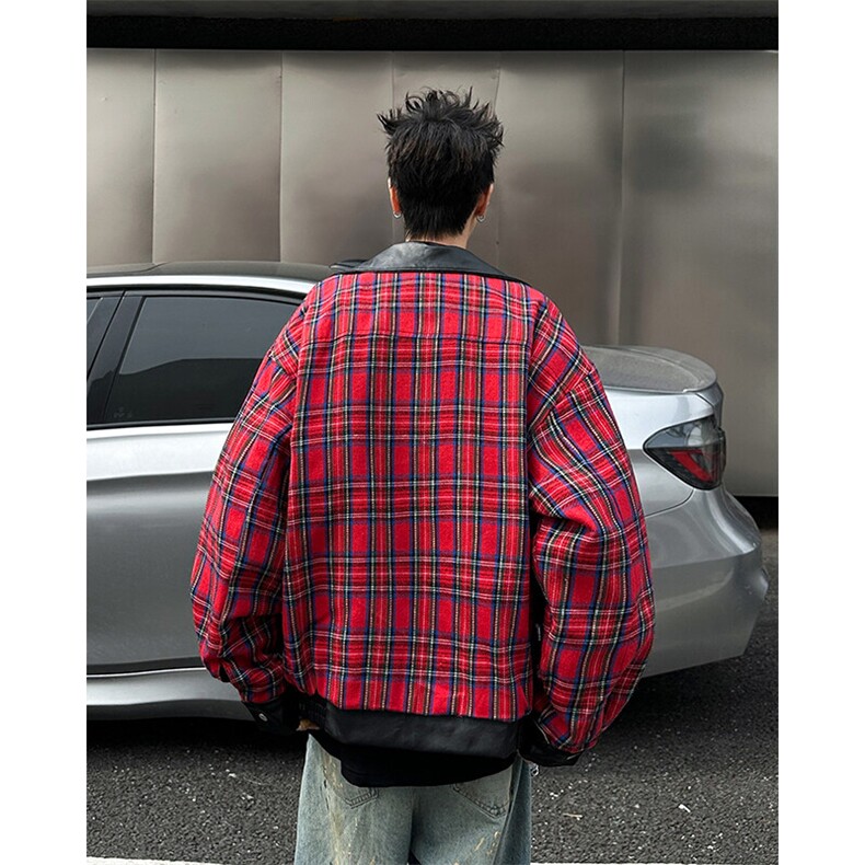 美式新款PU皮衣格子两面穿夹克潮牌设计时尚外套,男装夹克,星座410-7
