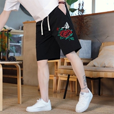风大刺绣短裤男中式休闲百搭五分裤沙滩裤XZ310B-3-DK1905-P27，男装牛仔裤，星座310B-3