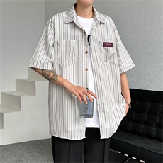 日系复古条纹短袖衬衫男女夏季设计感痞帅小众休闲衬衣SC621-P29，男装衬衫，星座1008