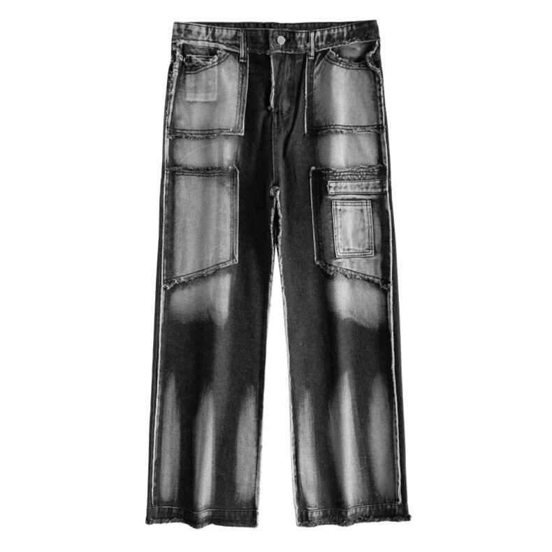 美式高街小众设计感牛仔裤男宽松直筒毛边休闲欧美长裤男潮，男装牛仔裤，星座1013