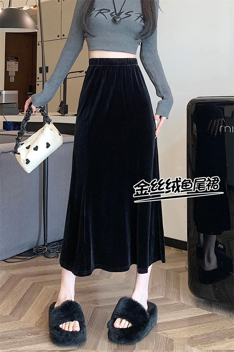金丝绒半身裙女秋冬2024新款垂感A字裙复古丝绒中长鱼尾裙子,女装半身裙,梦白服饰厂