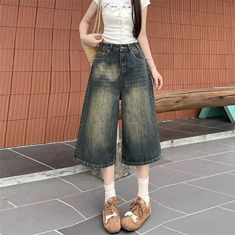 时尚怀旧蓝水洗牛仔裤女夏季大码遮肉胖mm阔腿裤高腰显瘦七分裤子图片