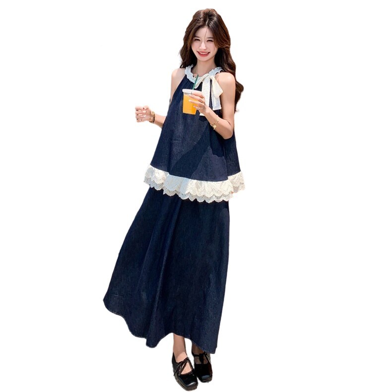 韩系设计感蕾丝拼接套装女2025夏季新款绝美挂脖背心半身裙两件套,女装套装/套裙,2C233