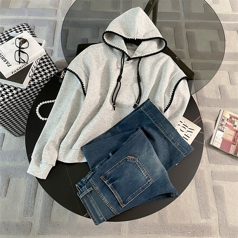 春女新款连帽套头卫衣阔腿牛仔裤减龄两件套，女装套装/套裙，江南